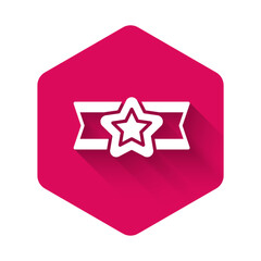 White Star American military icon isolated with long shadow background. Military badges. Army patches. Pink hexagon button. Vector