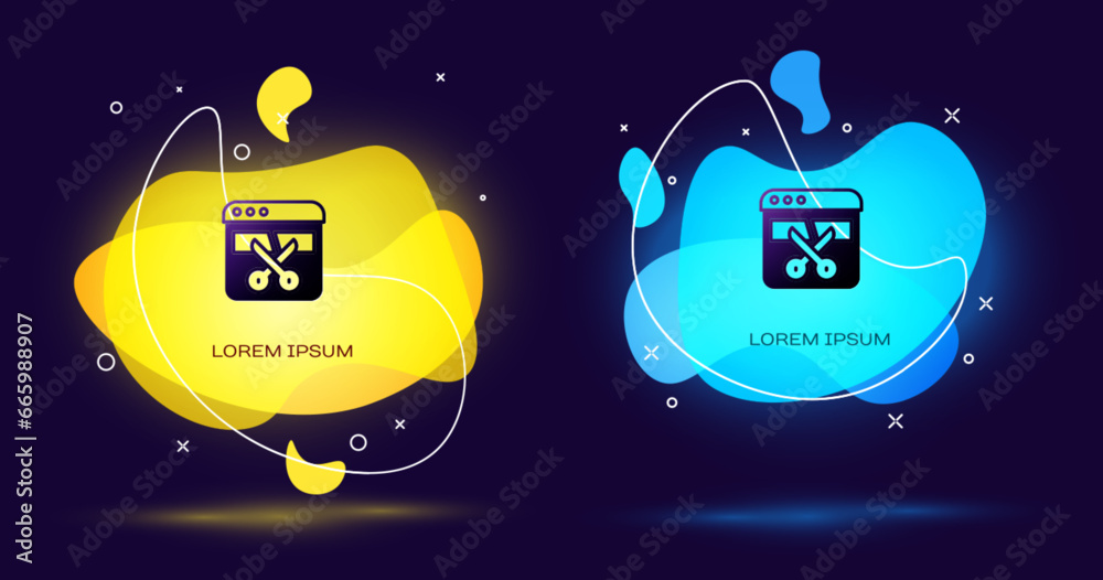 Sticker Black Video recorder or editor software on laptop icon isolated on black background. Video editing on a laptop. Abstract banner with liquid shapes. Vector