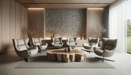 Photo of a modern living room featuring five luxurious chairs evenly placed around a natural wood live edge coffee table