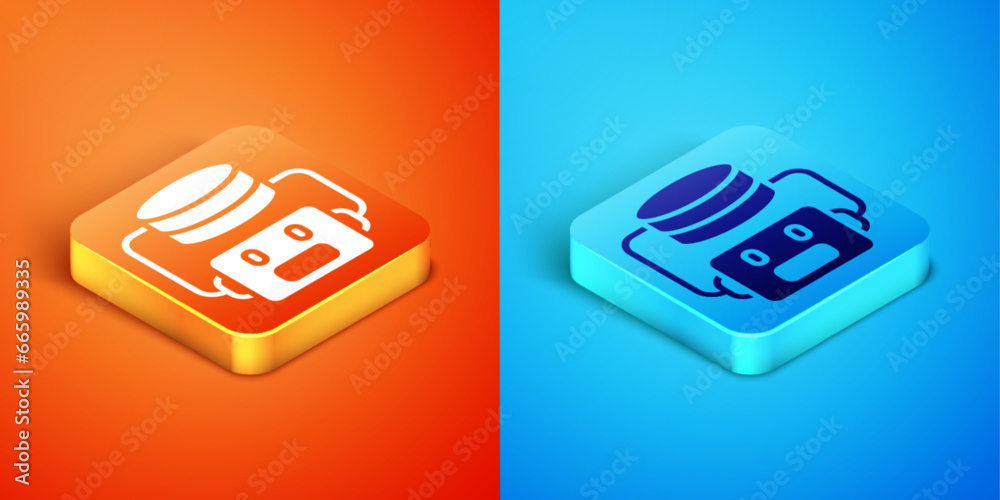 Poster isometric artificial intelligence robot icon isolated on orange and blue background. machine learnin