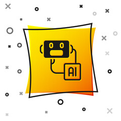 Black Artificial intelligence robot icon isolated on white background. Machine learning, cloud computing. Yellow square button. Vector
