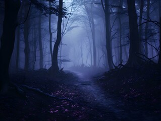 Dark forest with fog and beautiful colors, hazy forest, Horror forest background, forest surrounded by dense trees, road or path through dark forest