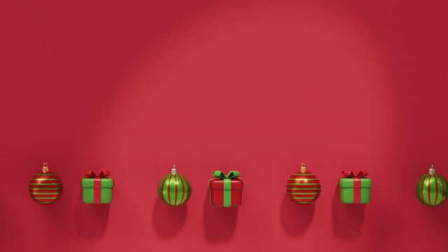 Christmas tree balls and gift boxes roll pushing each other on a red background. Christmas and New Year concept. 3D render. Seamlessly looped video.