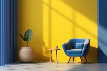 A modern interior space with a yellow armchair against a blue and yellow wall. Generative AI