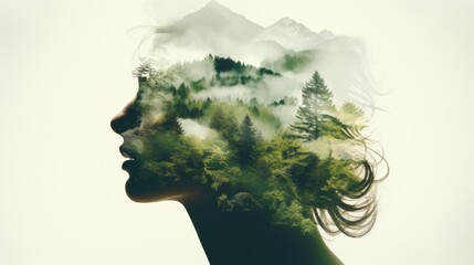 The image of a woman is mixed with the image of a forest and mountains. Abstract image of a woman. Environment. Unity with nature.
