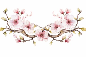Watercolor illustration of two cherry blossom branches with decorative frame (transparent background). Generative AI