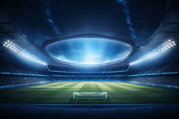 Night soccer stadium with illuminated fan stands, floodlights, and spotlights. Empty arena with banner template and copy space for text. Generative AI - obrazy, fototapety, plakaty