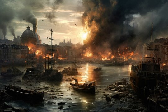An imagery of the port of Amsterdam depicting destruction, explosions, apocalypse, calamity, war, terrorism. Generative AI