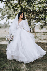 Fototapeta na wymiar Wedding photography, portrait of a beautiful brunette bride in a nature park with trees.