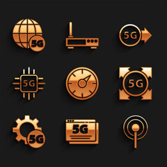 Set Digital speed meter 5G, network, Antenna, Setting, Processor, and icon. Vector