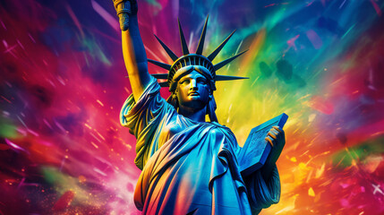LGBTQ+ Statue of liberty with flag - obrazy, fototapety, plakaty