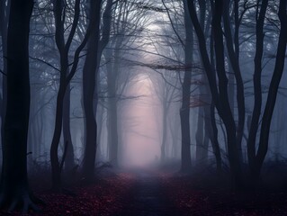 Naklejka premium Dark forest with fog and beautiful colors, hazy forest, Horror forest background, forest surrounded by dense trees, road or path through dark forest