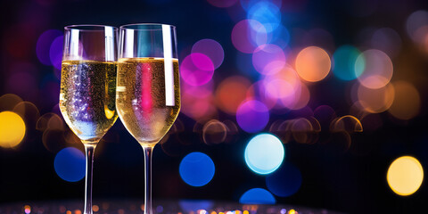 two glasses of champagne with colorful, blurry background