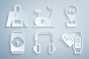 Set Headphones, Location gym, Energy drink, Smart watch with heart, Stationary bicycle and Hoodie icon. Vector