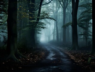 Fototapeta premium Dark forest with fog and beautiful colors, hazy forest, Horror forest background, forest surrounded by dense trees, road or path through dark forest