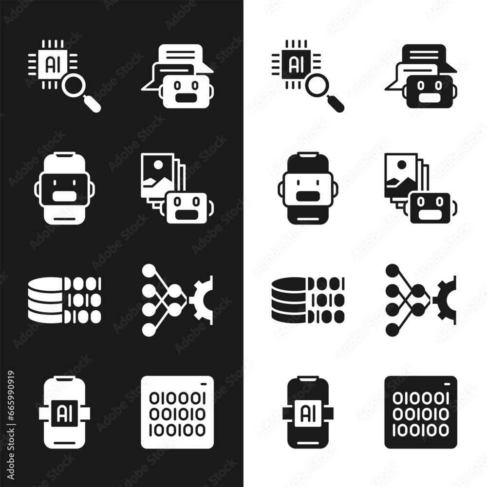 Poster set artificial intelligence robot, chat, processor cpu, binary code, neural network, and ai icon. ve
