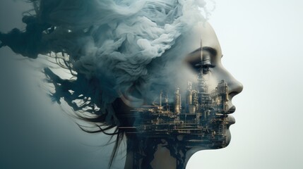 The woman's profile is combined with an image of the plant. Environmental pollution, industry.