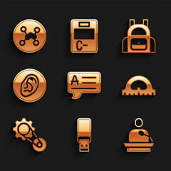 Set Speech bubbles with Answer, USB flash drive, Gives lecture, Protractor grid, Timing belt kit, Ear listen sound signal, School backpack and Chemical formula icon. Vector