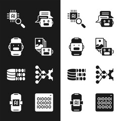 Set Artificial intelligence robot, Chat, Processor CPU, Binary code, Neural network, and AI icon. Vector