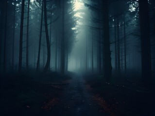 Fototapeta premium Dark forest with fog and beautiful colors, hazy forest, Horror forest background, forest surrounded by dense trees, road or path through dark forest