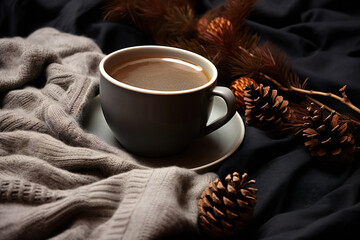 Cup of coffee with warm scarf on dark background, closeup
