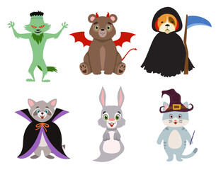 Naklejka premium Set of funny halloween cartoon animals.
