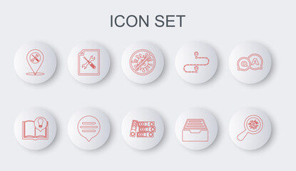 Set line Microorganisms under magnifier, Interesting facts, Stop virus, bacteria, Drawer with documents, Location service, File, Speech bubble chat and Office folders icon. Vector