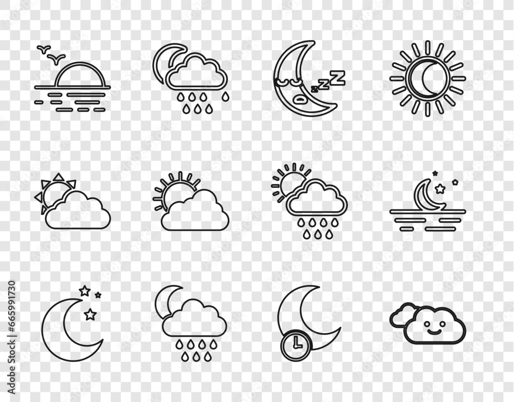 Sticker Set line Moon and stars, Cloud, icon, with rain moon, Sunset, cloud weather, Sleeping and icon. Vector