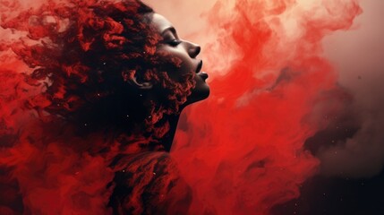 Portrait of a fictional woman. A mixture of lava and man. Double exposure. Abstract image of a woman. Passion and strength.
