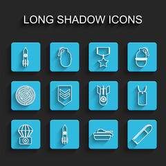Set line Parachute with first aid kit, Biohazard rocket, Nuclear, Military tank, Bullet, Chevron, dog tag and bomb icon. Vector