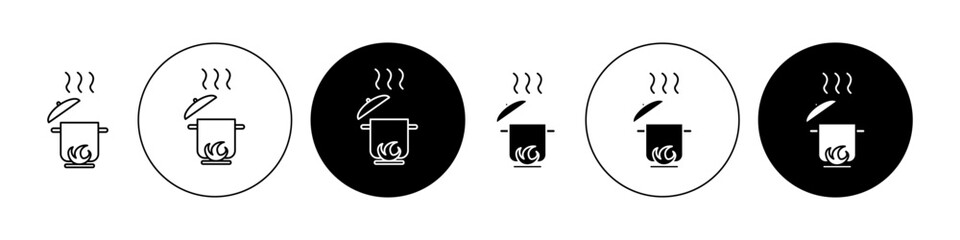 Cooking pot icon set in black. boiling casserole symbol. steam saucepan symbol for Ui designs. - obrazy, fototapety, plakaty
