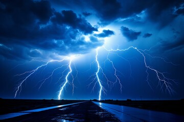 Nocturnal azure electrical discharges resembling lightning bolts created by storms. Generative AI