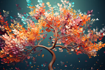 Colorful tree with leaves on hanging branches illustration background. 3d abstraction wallpaper . Floral tree with multicolor leaves 