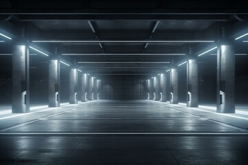 Futuristic underground parking, corridor, warehouse with ambient lighting. Empty stage, gray neon room with concrete, columns, and windows. Generative AI