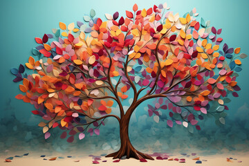 Obraz na płótnie Canvas Colorful tree with leaves on hanging branches illustration background. 3d abstraction wallpaper . Floral tree with multicolor leaves 