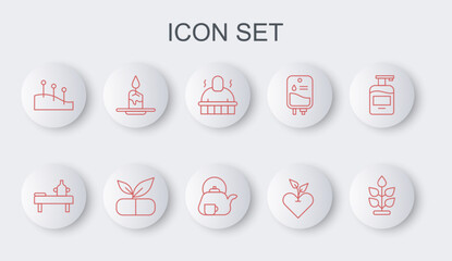 Set line Plant, Massage table with oil, Sauna and spa procedures, Heart, Acupuncture therapy, Aroma candle, Medical pill plant and Teapot icon. Vector