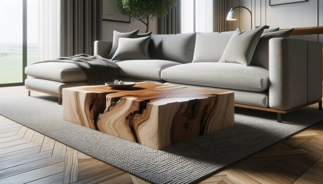 Photo of a modern living room, where the centerpiece is a live edge wooden coffee table placed next to a stylish sofa