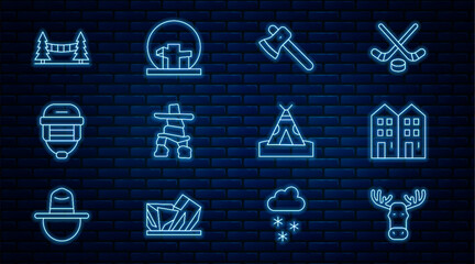 Set line Moose head with horns, House, Wooden axe, Inukshuk, Hockey helmet, Capilano Suspension Bridge, Indian teepee wigwam and Montreal Biosphere icon. Vector © vector_v