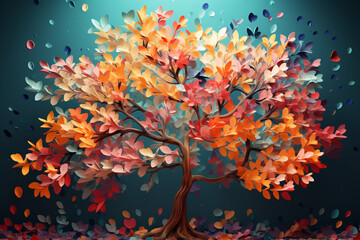 Fototapeta na wymiar Colorful tree with leaves on hanging branches illustration background. 3d abstraction wallpaper . Floral tree with multicolor leaves 