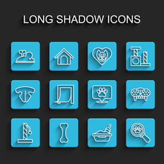 Set line Cat scratching post, Dog bone, Clockwork mouse, litter tray with shovel, Veterinary clinic, Door for pet, tooth and Location veterinary hospital icon. Vector