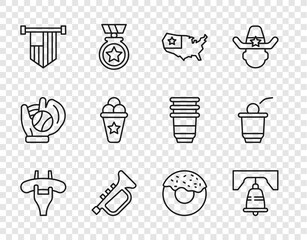 Set line Sausage on the fork, Liberty bell in Philadelphia, USA map, Trumpet, American flag, Ice cream waffle cone, Donut and Beer pong game icon. Vector