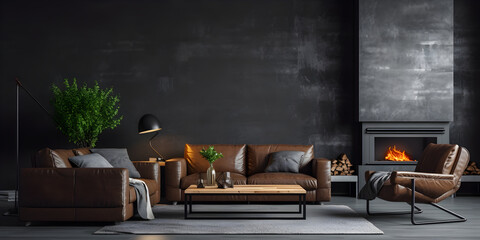 Minimal Industrial living room with black leather sofa metal accents and raw brick wall background The mood is edgy and modern 