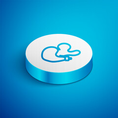 Isometric line Spanish wineskin icon isolated on blue background. White circle button. Vector