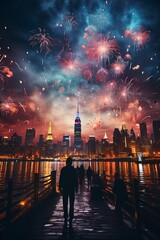 Happy new year, the beautiful sight of fireworks in the new year exploding over the building - obrazy, fototapety, plakaty