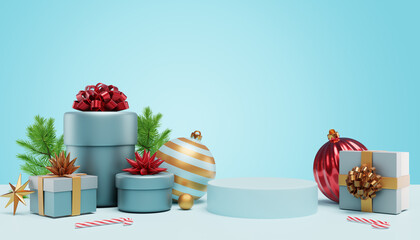 Merry Christmas and Happy New Year.Gift boxes podium with Christmas tree branches and decorations on blue background. 3D rendering