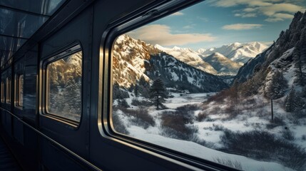 View from the train window of winter mountains and forest.
