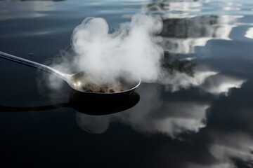 Smoke cloud hovers above water with spoon in center, creating reflection. Generative AI