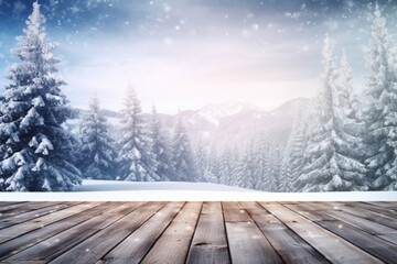 Winter christmas scenic landscape with copy space, Wooden flooring strewn with snow in forest with fir-trees covered with snow on nature