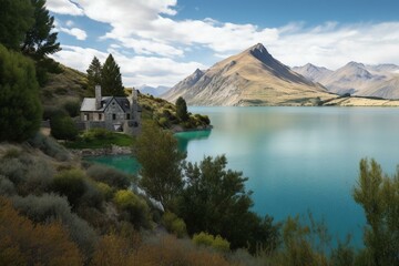Scenic lake encircled by rolling peaks with a mountainous dwelling. Generative AI