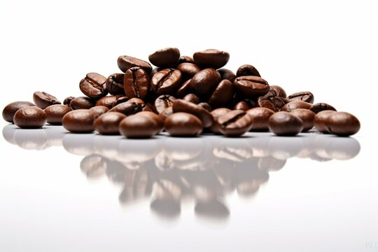 A heap of roasted coffee beans on a white backdrop with a mirrored reflection underneath. Generative AI